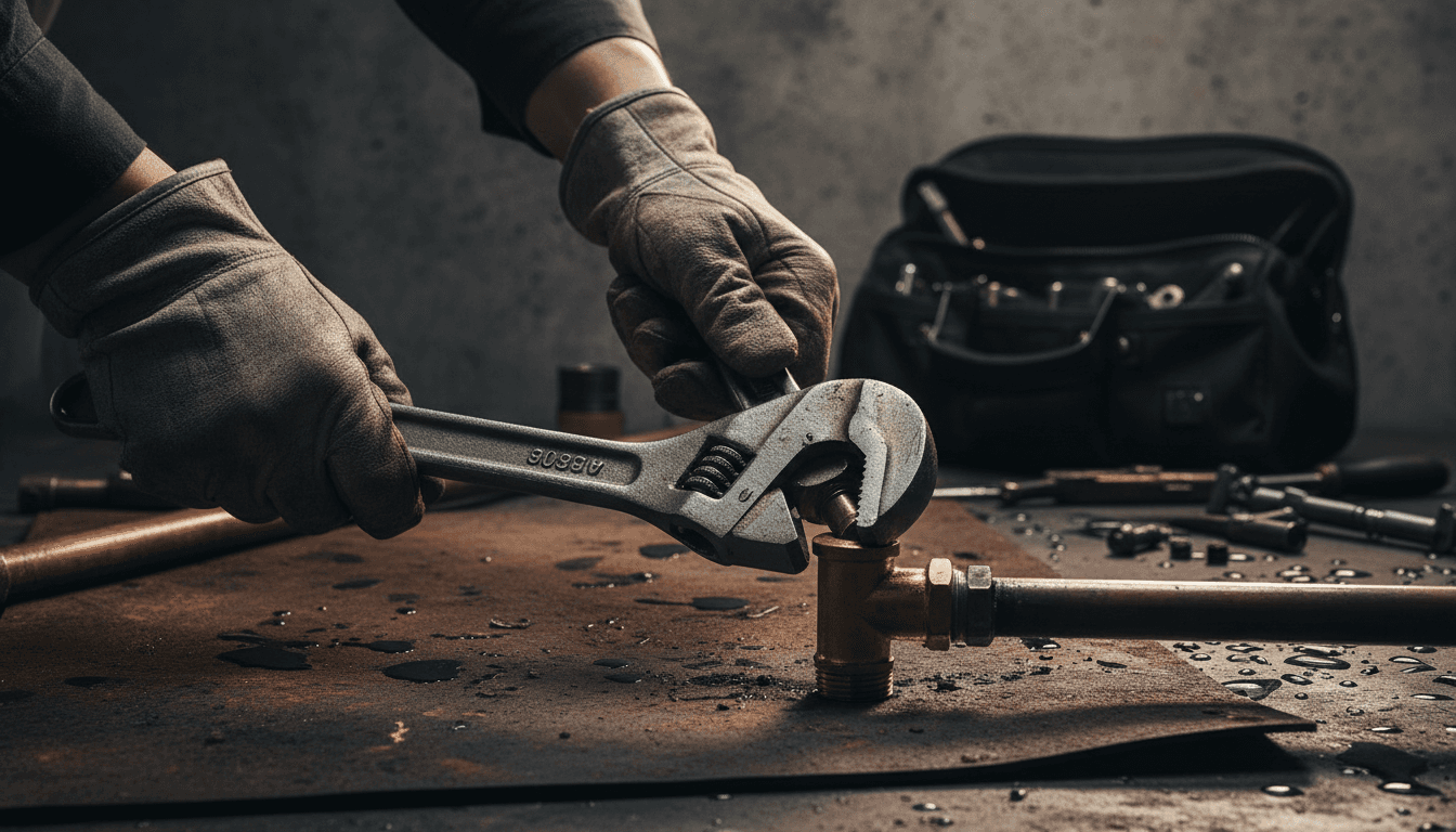 Plumber's hands tightening pipe fitting with wrench during repair work