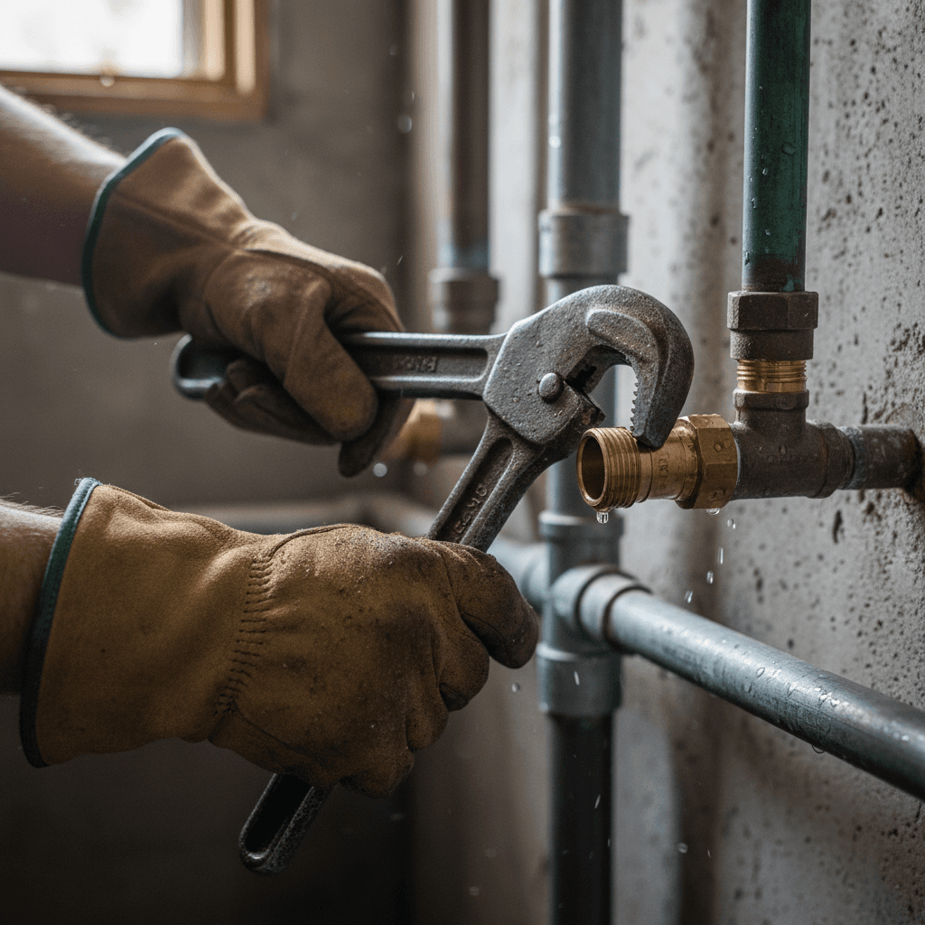 Plumber's hands using a wrench to repair a pipe with precision and care