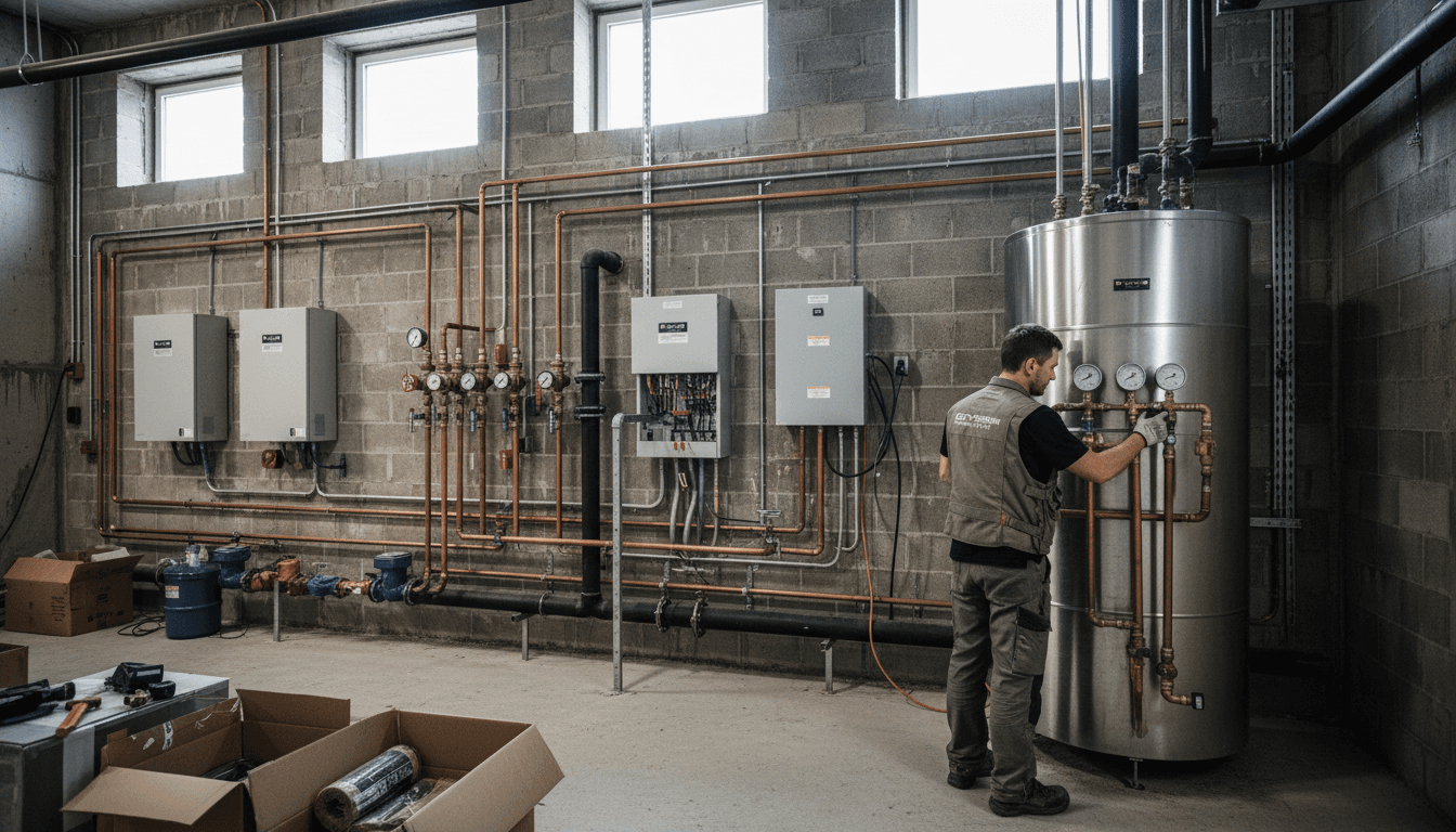 Professional water heater installation in home utility room