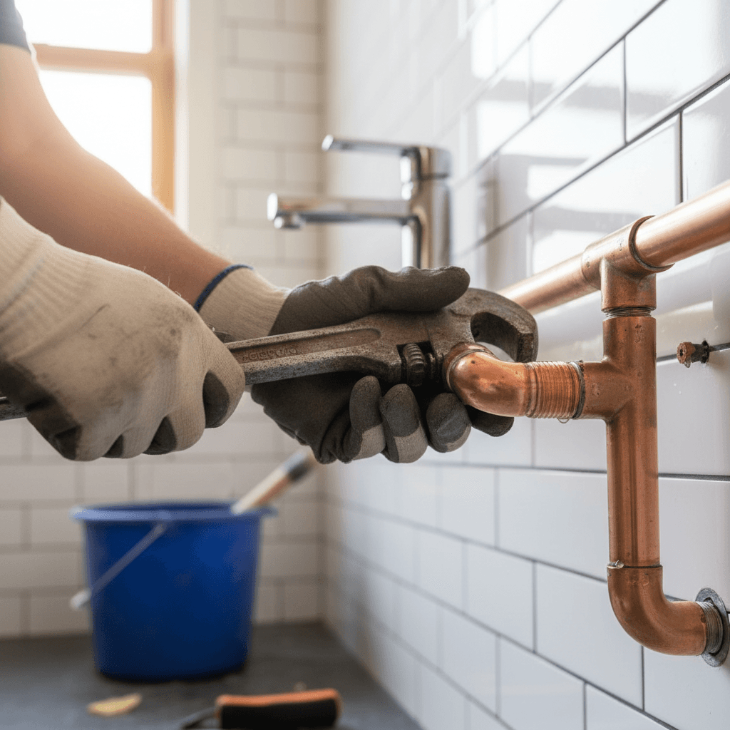 Licensed plumber carefully installing plumbing fixtures with precision and attention to detail