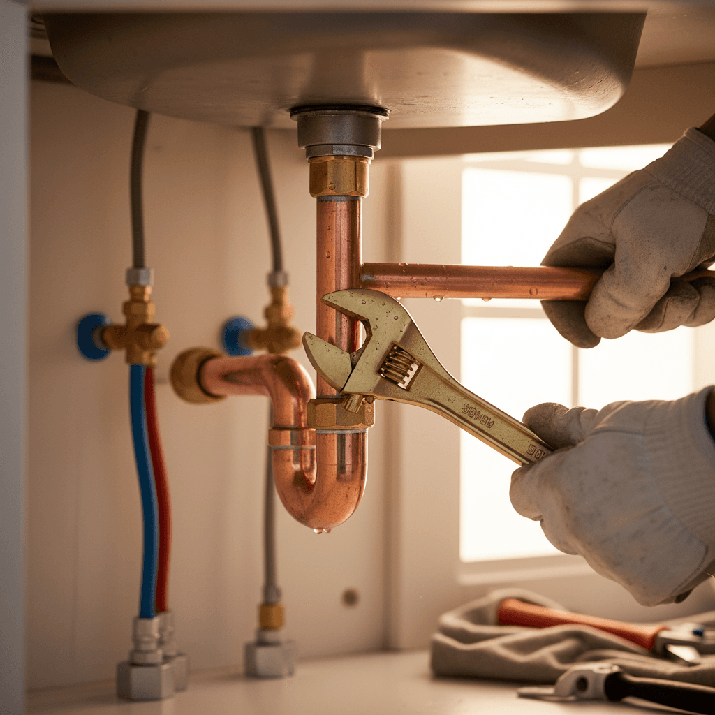 Plumber tightening pipe connection with wrench
