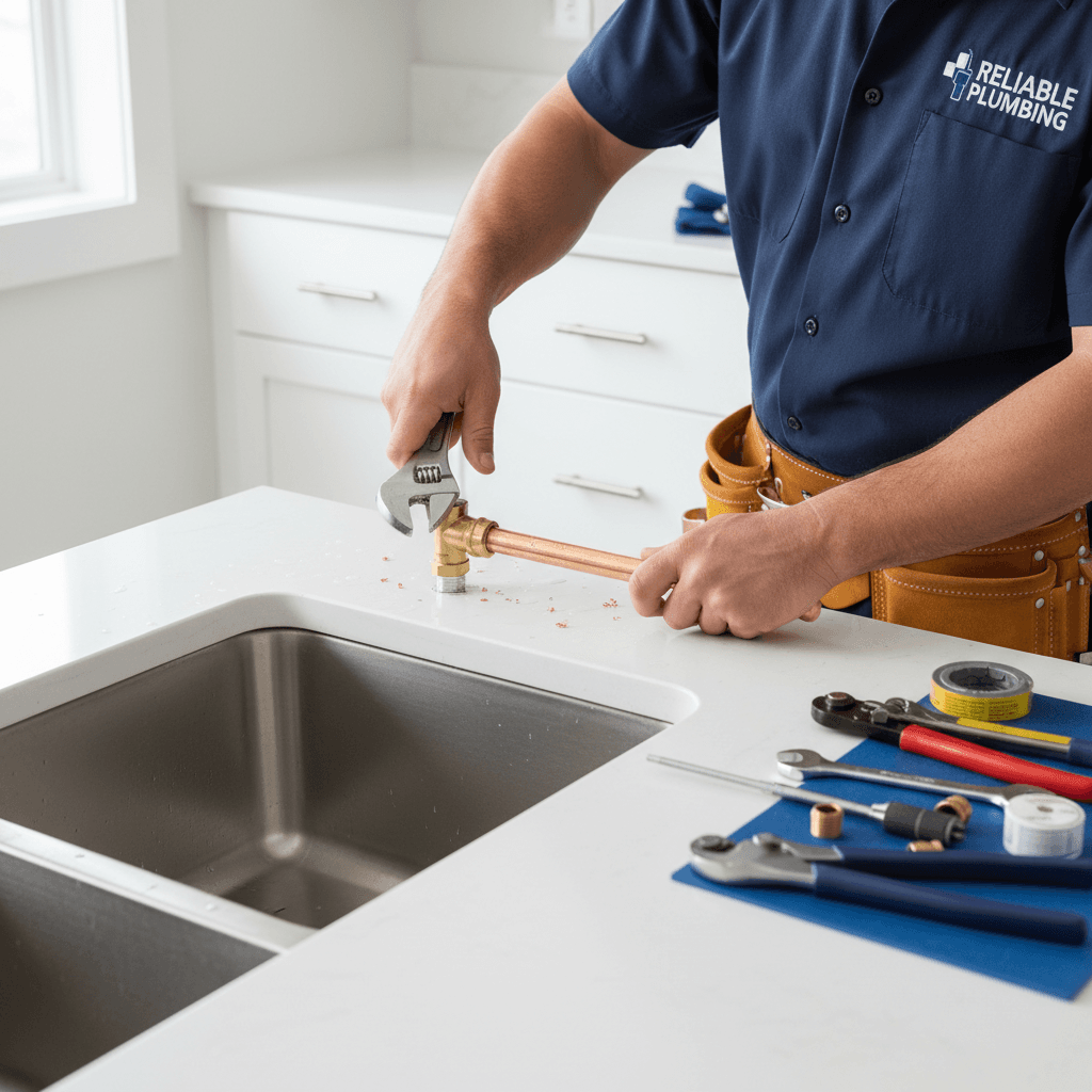 Licensed plumber carefully inspecting residential plumbing pipes during service call