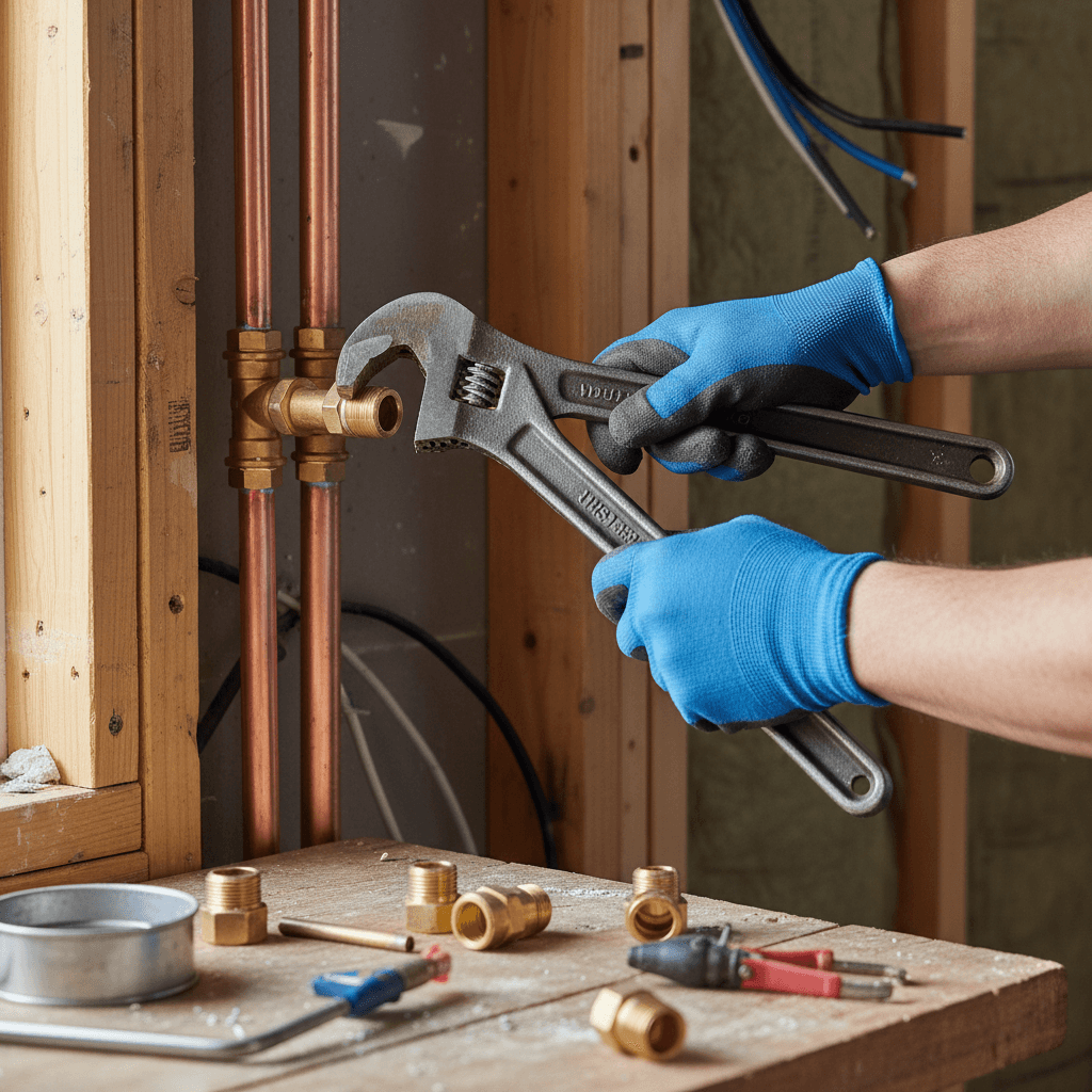 Plumber's hands carefully installing copper pipe with precision