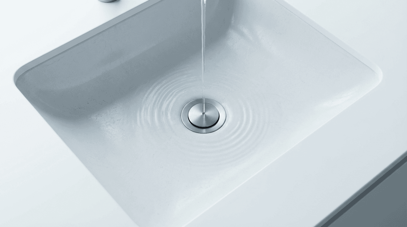 Clear residential sink drain with smooth water flow after professional cleaning service